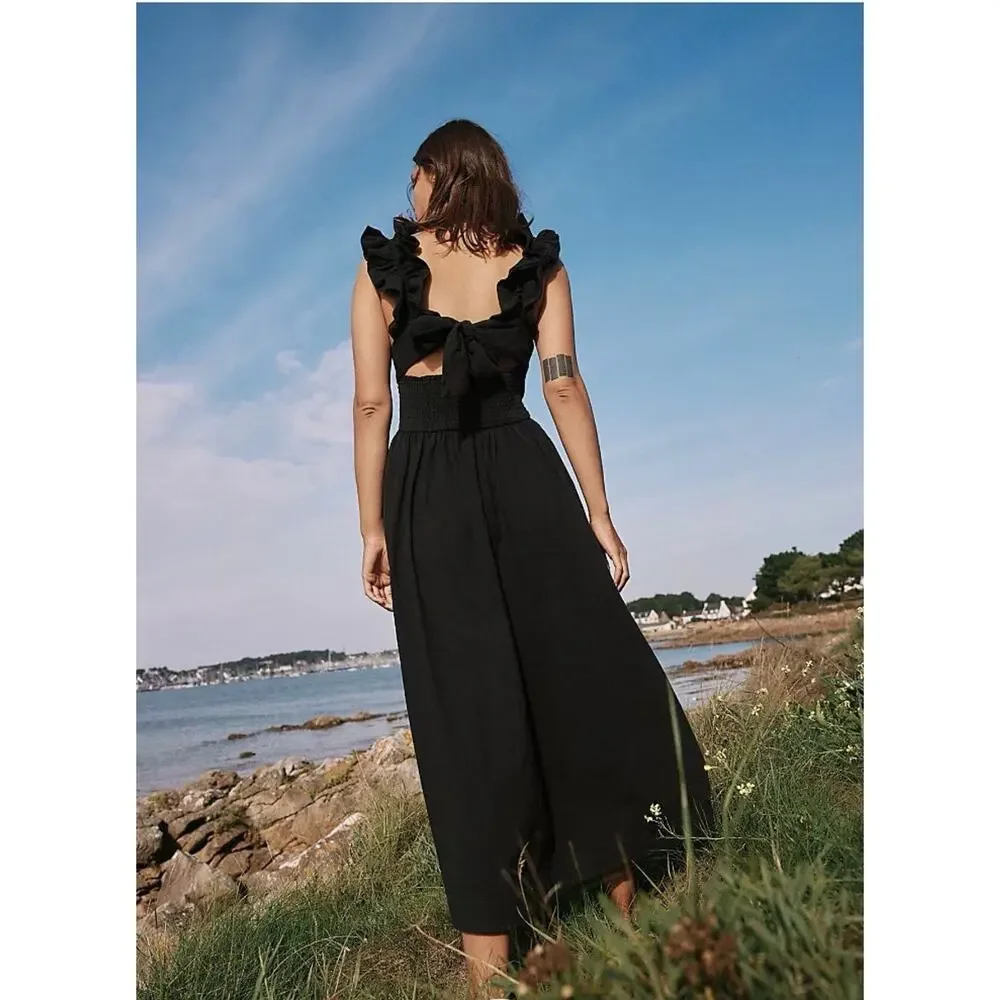 Free People Ruffle It Up Midi Dress Black Smocked Tie Cotton Size Medium